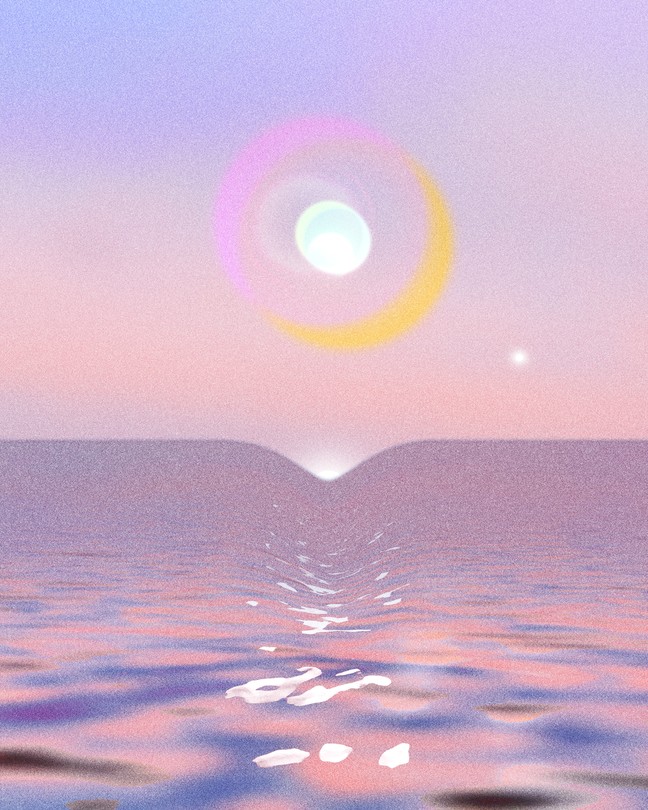 A white star with a yellow and pink aura over a parting rose-colored ocean