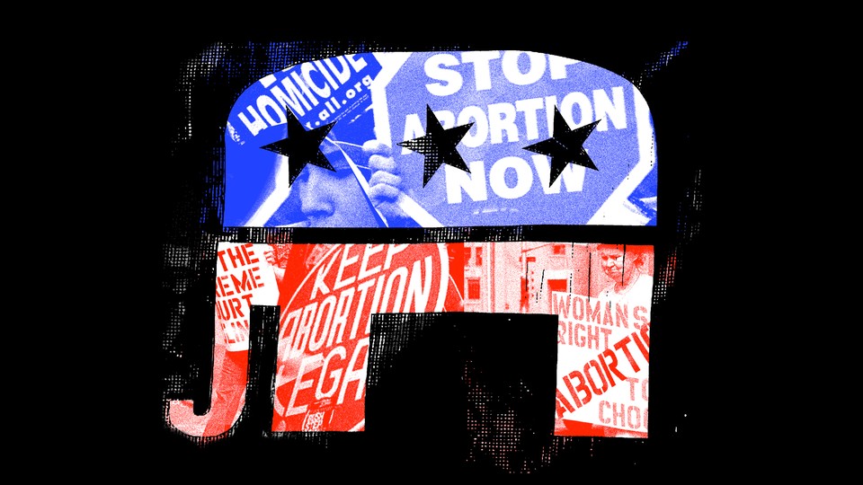 An illustration of the GOP elephant symbol framing a collage of abortion rights and anti-abortion placards.