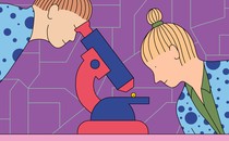 Illustration of two people looking into a microscope pointed at a tiny smiley face
