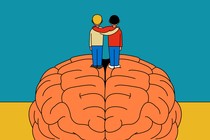 An illustration of two friends with hands around each other's shoulders, standing atop a giant brain.