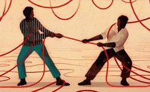 Illustration showing two men facing each other and trying to pull a long, tangled red rope towards themselves