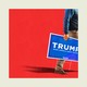 Illustration of man holding Trump Make America Great Again sign exiting a red square surrounded by a beige background