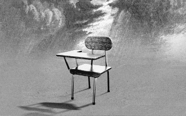 Illustration of a school desk against biblical light and clouds.