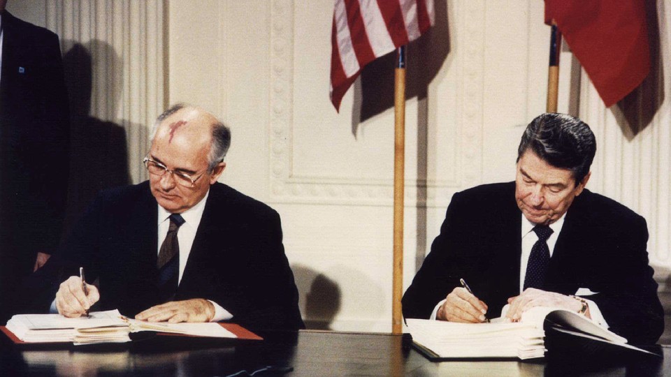 Mikhail Gorbachev and Ronald Reagan sign the Intermediate-Range Nuclear Forces (INF) Treaty in 1987.