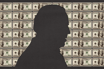 A silhoutte of Joe Biden against a backdrop of $100 bills