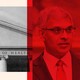 A diptych of the NIH in gray scale and Jay Bhattacharya washed red