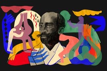 An illustrated portrait of W. E. B. Du Bois surrounded by multicolored figures and symbols