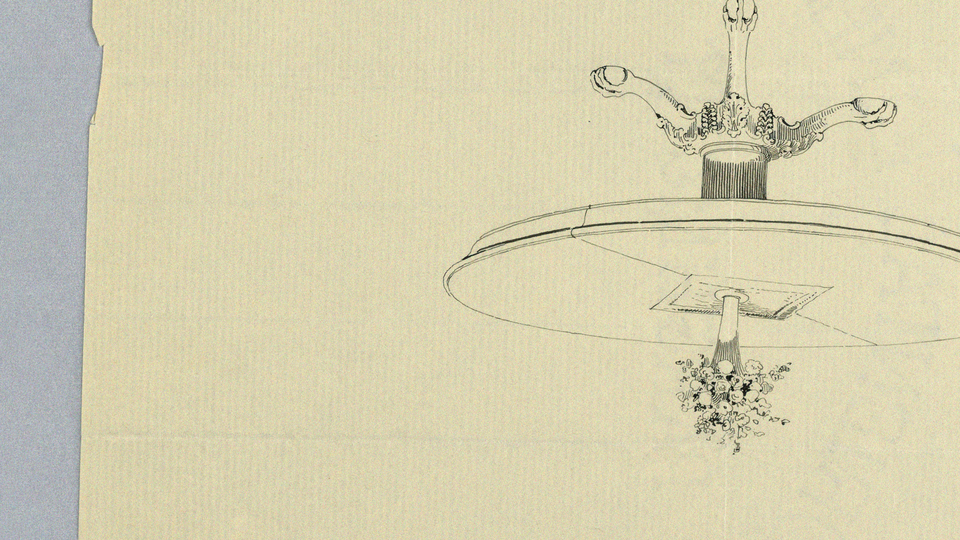 A photo illustration of a line drawing of a table with flowers on it, hanging upside down, on a sepia-toned sheet of torn paper
