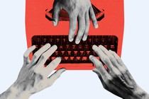Illustration of three hands on a typewriter