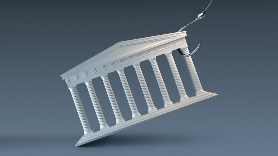 Illustration of the Supreme Court building being pulled off the ground by a fishing hook