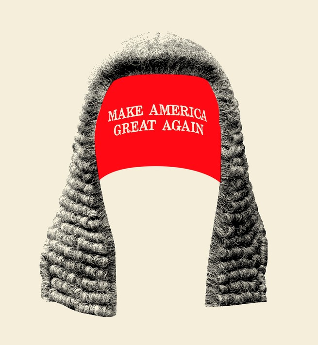 An illustration of a judge's wig atop a MAGA slogan. 