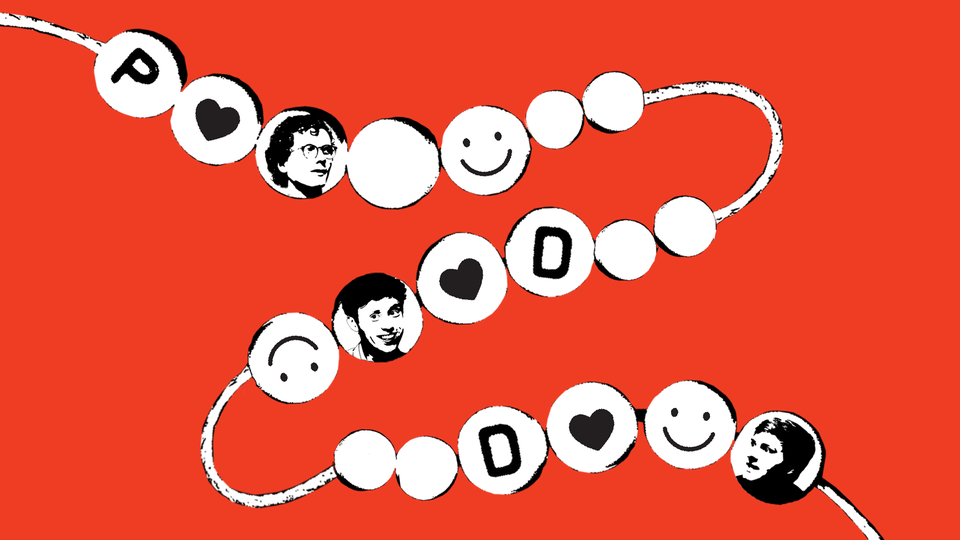black-and-white illustration of friendship bracelet loosely strung with smileys, hearts, faces of Marshall, Higgins, Herlihy, and letters P D D on red background