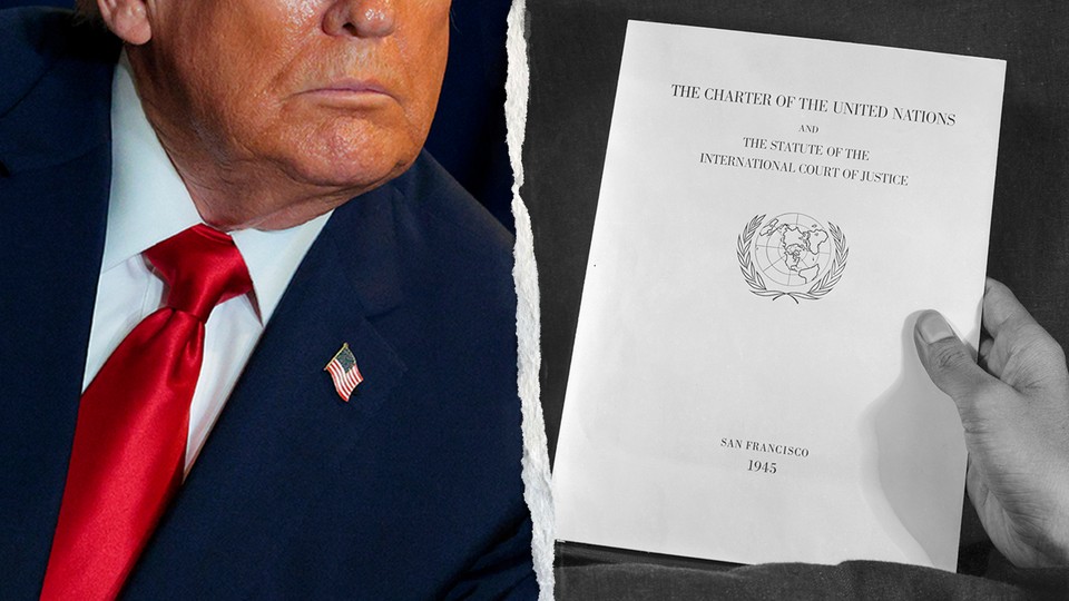 An image of Donald Trump next to an image of a hand holding the 1945 Charter of the United Nations.