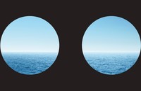 two circles side by side with views of ocean horizon and sky, on black background