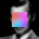 A square gradient from blue to orange, purple, and pink on top of the blurred black-and-white  picture of a face