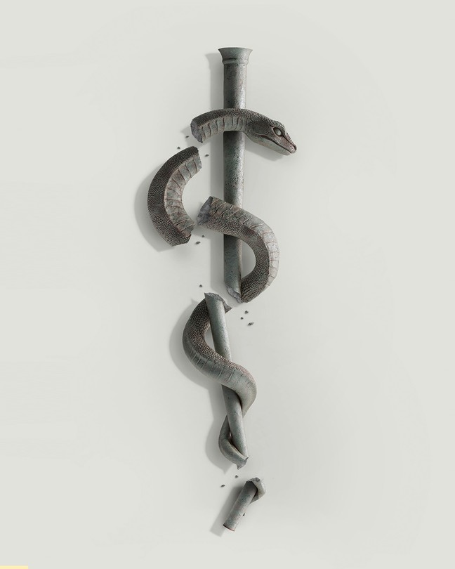 image of gray stone caduceus-like symbol with snake entwined around staff shattered into pieces