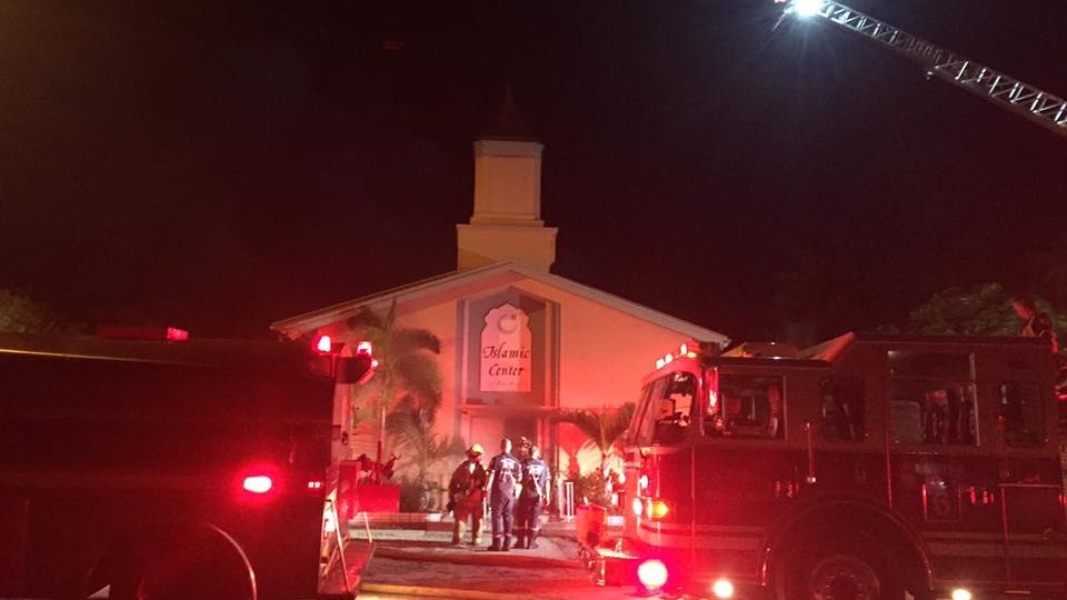 Firefighters respond to a fire set at the Islamic Center of Fort Pierce. 