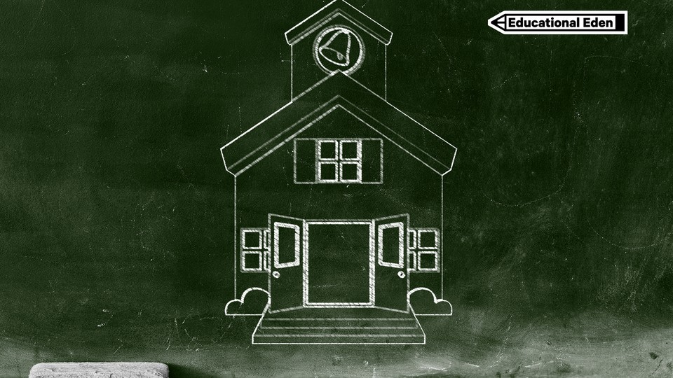 A green chalkboard with a sketch of an old-fashioned schoolhouse as well as chalk and an eraser