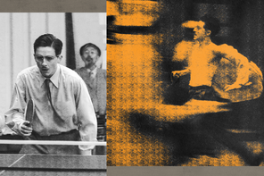 Two photos of Timothée Chalamet as Marty Mauser; on the left, he's playing ping pong in a white shirt and a tie, on the left he is running