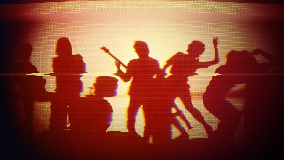 Distorted image of a rock band in silhouette, seen on a monitor