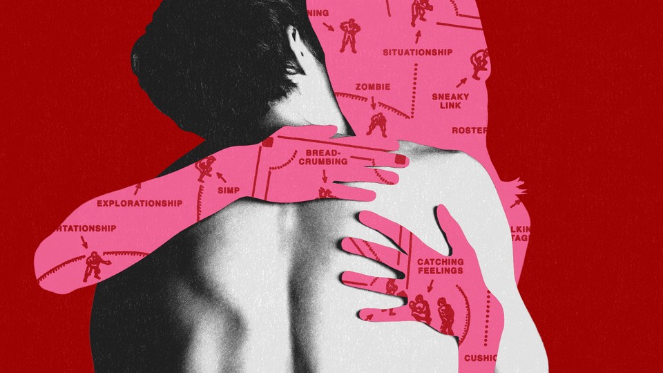 An illustration of two people embracing; one of them has a variety of language such as "zombie" and "situationship" on their body