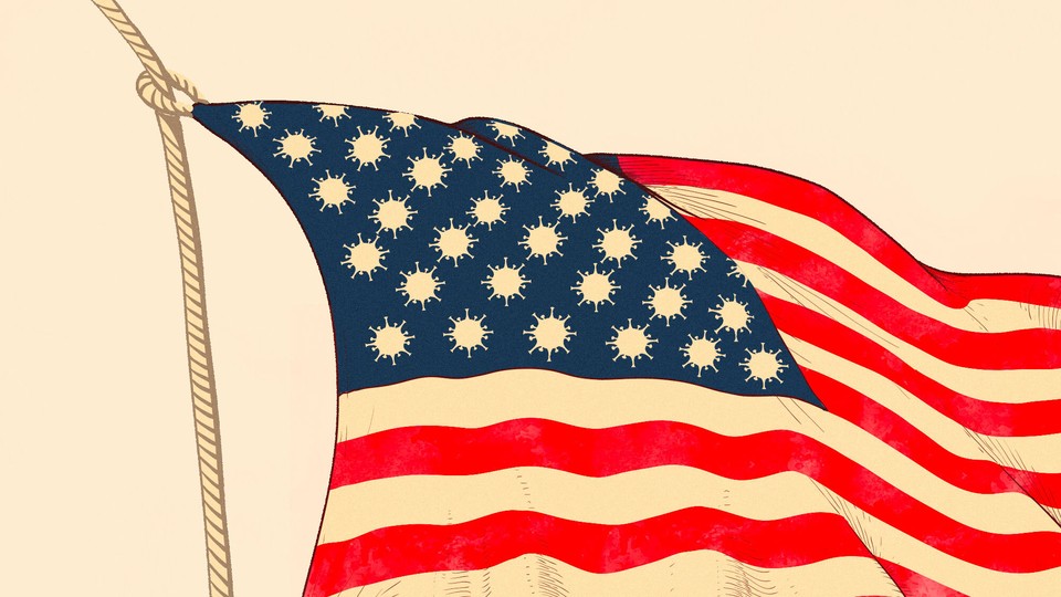 An illustration of an American flag with coronavirus cells replacing the stars.