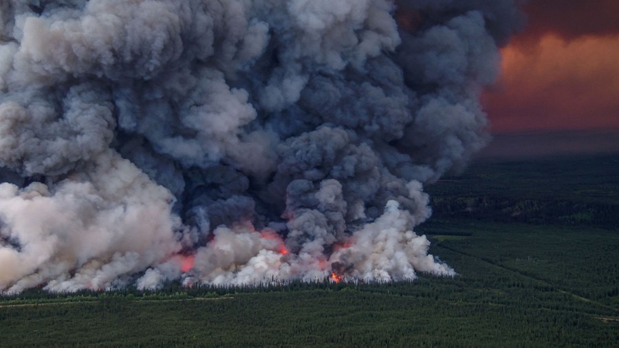An aerial view of a wildfire burning in a forest, sending up huge plumes of smoke