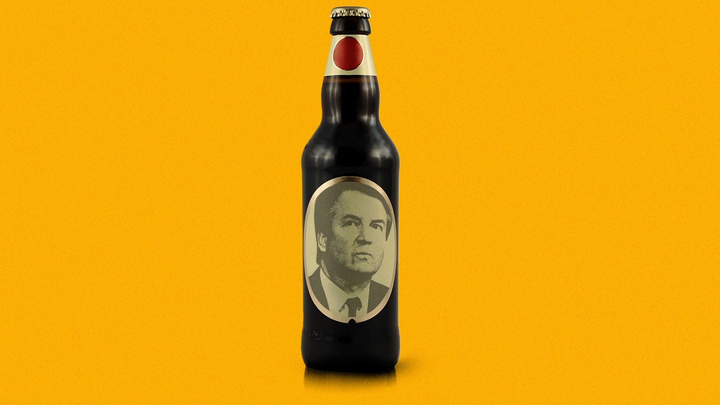 a bottle of beer with Brett Kavanaugh's face on the label