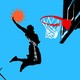 An illustration of a basketball player slamming a coronavirus shape into a hoop.
