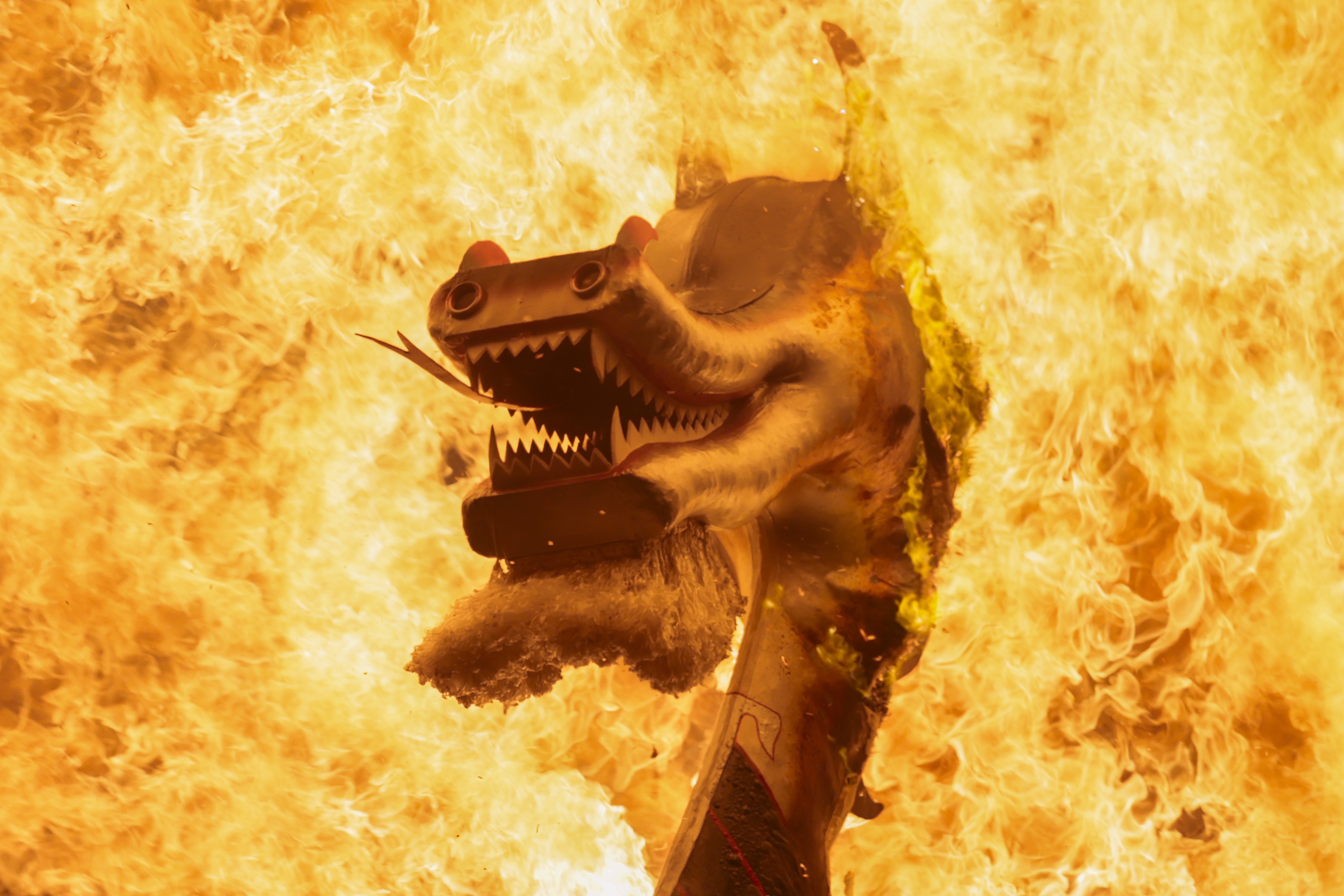 A view of the dragon head of a replica Viking ship, surrounded by flames