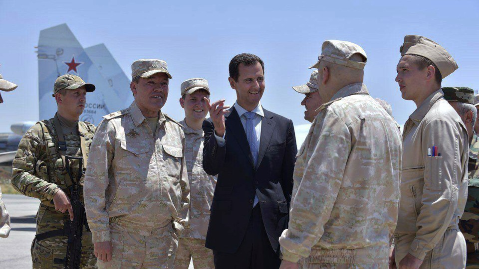 Syrian President Bashar al-Assad inspects the Russian Hmeimim air base in Latakia, Syria on June 27, 2017. 