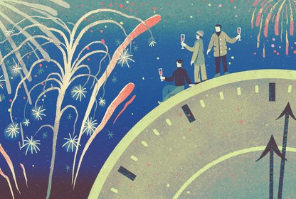 An illustration of three friends raising glasses while standing on top of a giant clock set to midnight. Fireworks burst around them.