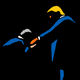 illustration with abstract figures of yellow-haired figure in blue suit standing and extending orange hand with ring for kneeling figure in blue suit to kiss, on black background