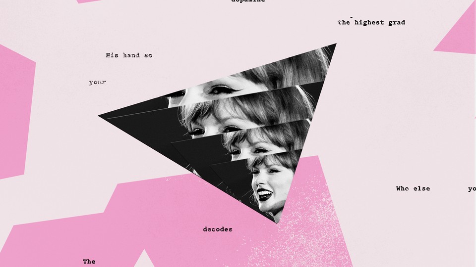 Refracted image of Taylor Swift against a pink background dotted with lyric fragments