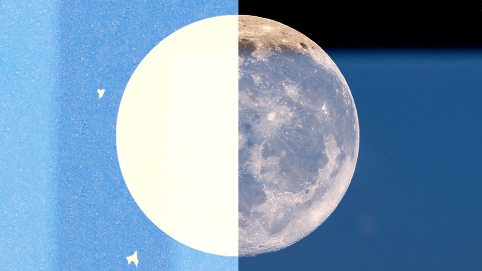 illustration with an image of the moon in two halves, one white on blue background and one a photo of moon at night