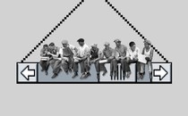 Illustration of construction workers eating lunch on a metal beam, except the metal beam is an old-fashioned browser window scrollbar