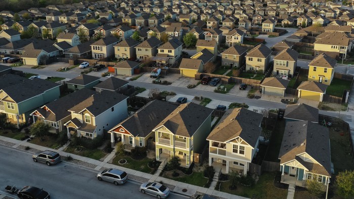 Single family homes in a residential neighborhood in San Marcos, Texas.