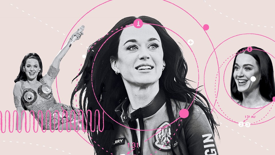 Three images of the pop star Katy Perry, with pink circles around her face