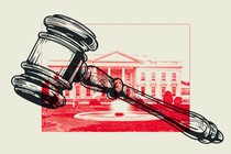 illustration of a gavel superimposed over a photo of the White House