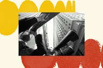 A black-and-white photograph is set on a cream-colored background. The background has a row of yellow circles at the top that look like they are curving away and a row of red circles at the bottom that look like they are curving in the other direction. The black-and-white photo is looking up from the street of a city and two white men in dark suits are talking into megaphones and beyond them and above loom skyscrapers.