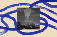 A black-and-white photo of a cloud of smoke after a bombing in Iran, bordered by an illustration