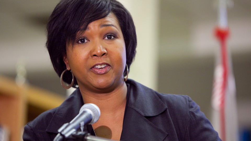 Mae Jemison speaks at a microphone.