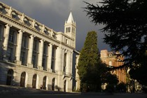 A white, stone building on the University of California, Berkeley, campus