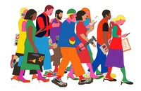 Illustration of colorfully dressed, multiracial crowd walking with cellphones, coffees, laptops, and creative tools