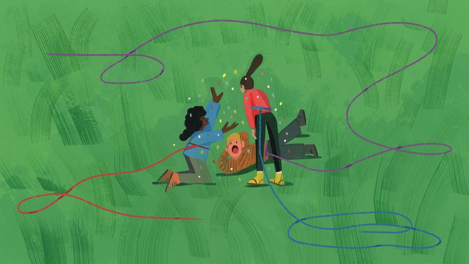 An illustration of three kids playing with long ropes around their waists