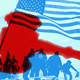 A blue-tinted illustration of January 6 insurrectionists overlaid with an opaque red gavel