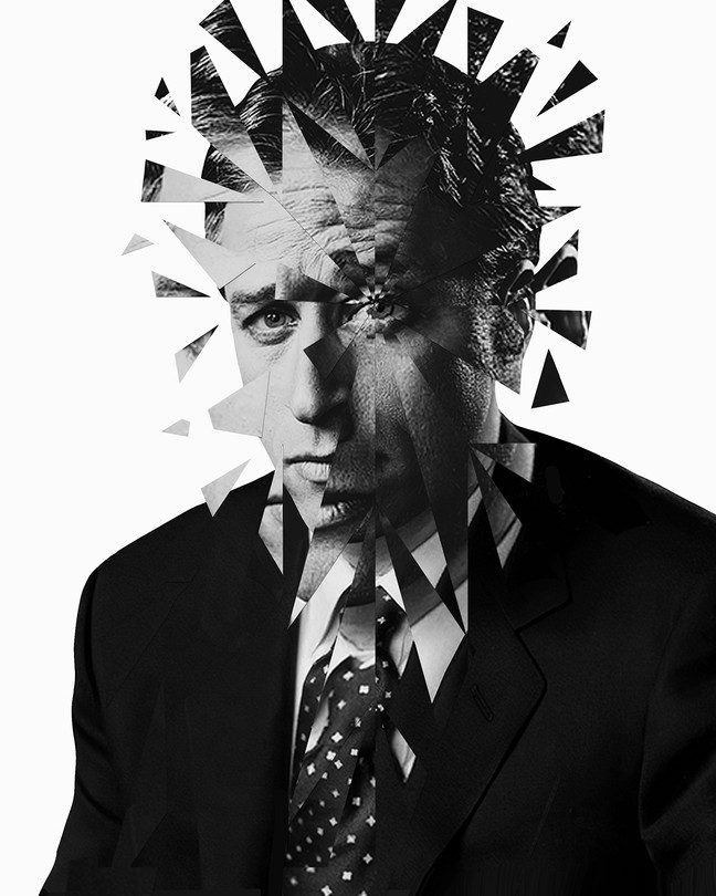 A black-and-white collaged portrait of Jon Stewart using fractured pieces of his face.