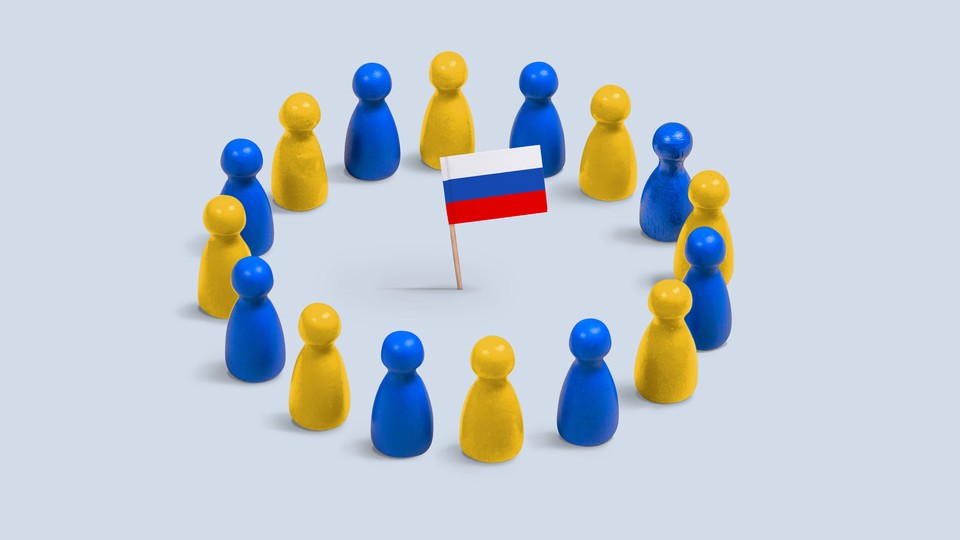 Blue and yellow pawns surrounding a Russian flag