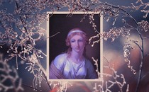 a painting of Helen of Troy framed in beige, overlayed onto an image of delicate branches