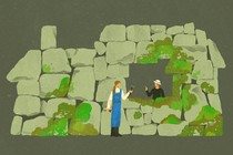 two women in a stone house